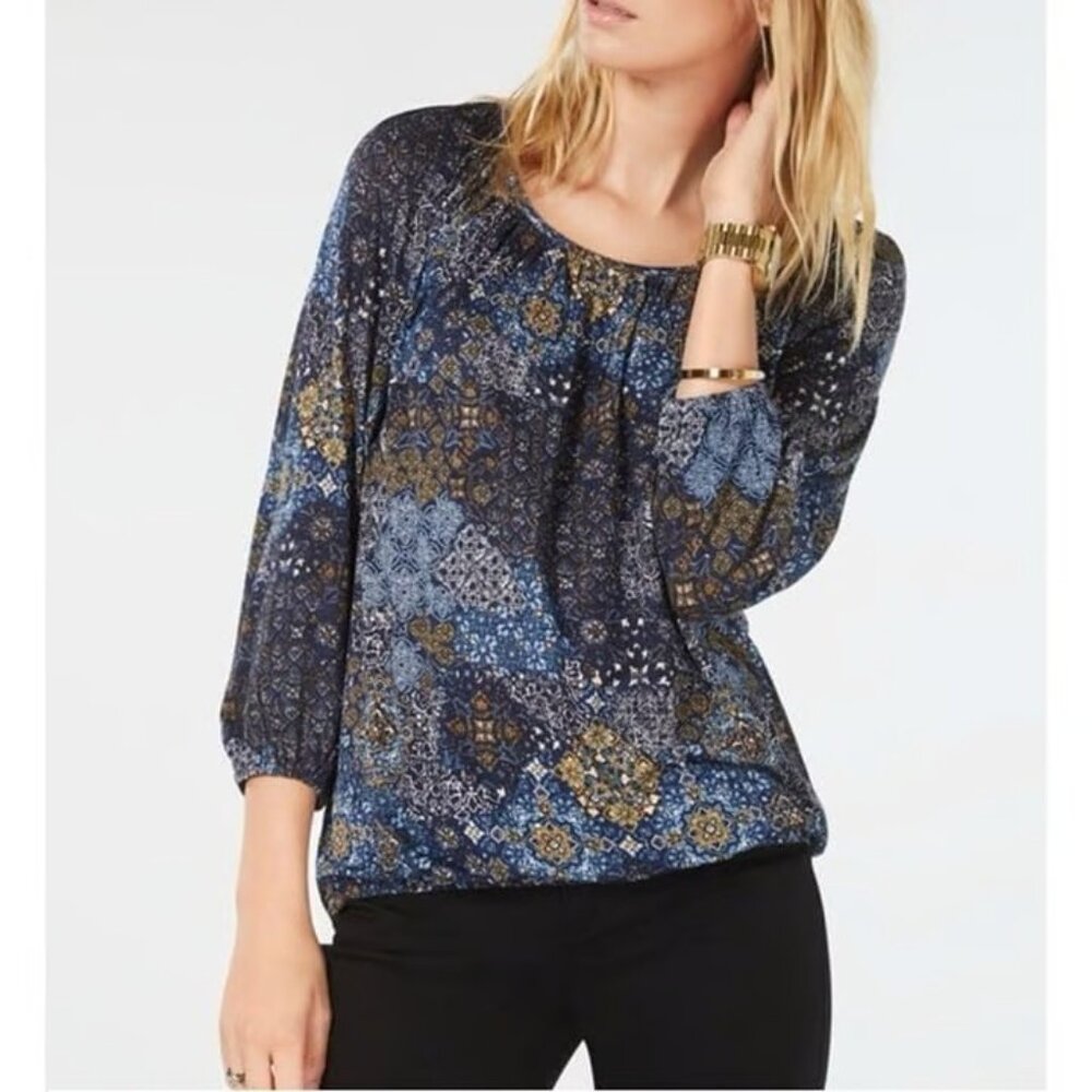 Michael Kors Navy and Tan Patterned Long Sleeve Top